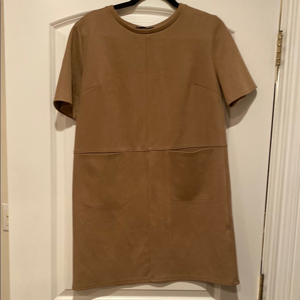 Zara Tan Mini Shirt Dress with Short Sleeves and Crew Neck